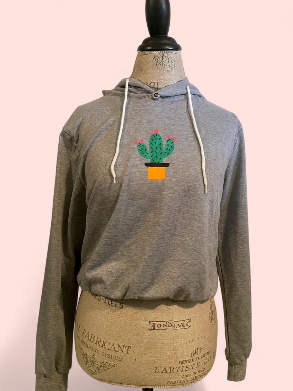 Cropped Grey Hoodie Kawaii Cactus print • SIZE - M
